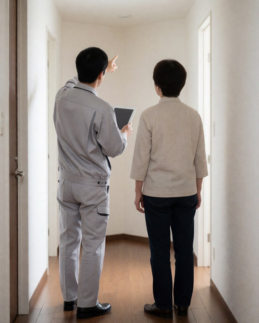 Technician in gray uniform and client reviewing camera installation in a hallway with wooden floor and white walls.