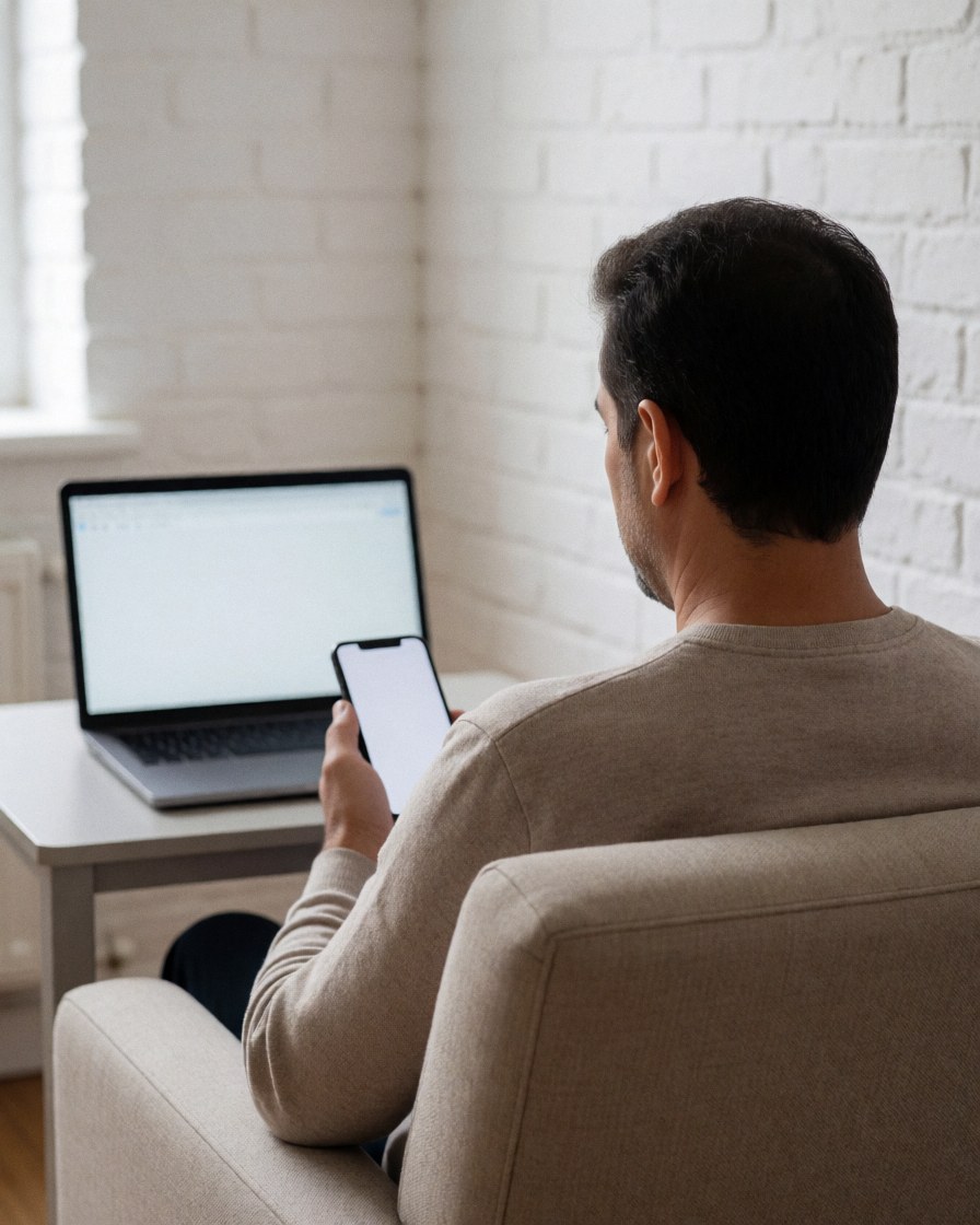 Person sitting in a comfortable chair using a laptop and smartphone in a bright room with white brick walls and natural light