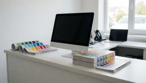 Clean desk with colorful notebooks and computer, suitable for auto body paint consultations