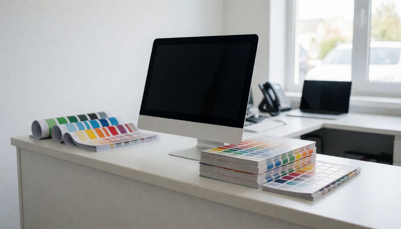 Clean desk with colorful notebooks and computer, suitable for auto body paint consultations