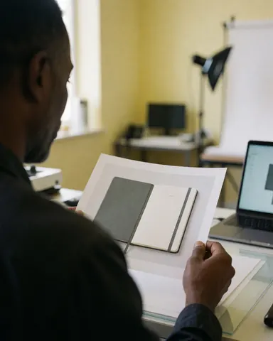 A satisfied client examines a printed notebook proof in a professional studio setting with a laptop nearby