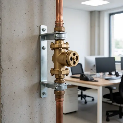 Close-up of a bronze valve installed on a copper pipe against a concrete wall, suitable for plumbing repair services.