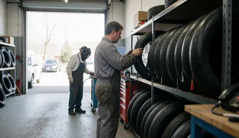 Mechanic choosing a tire tube from shelves in a workshop with tools and other tires visible.