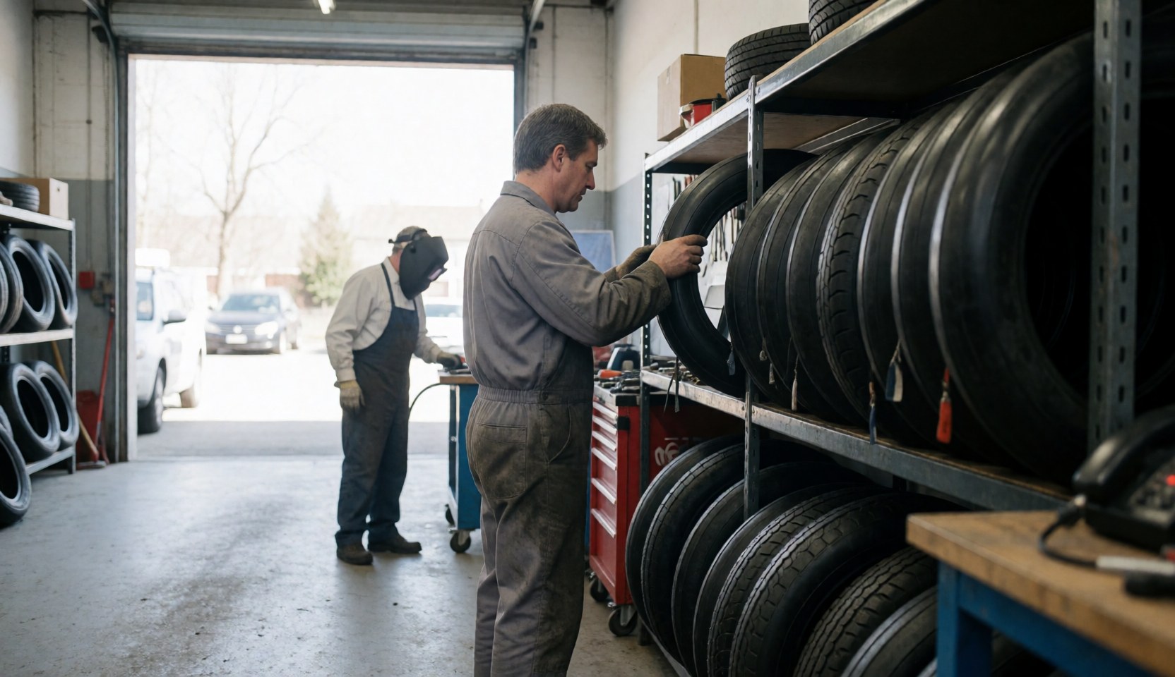 Mechanic choosing a tire tube from shelves in a workshop with tools and other tires visible.