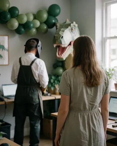 A woman looks at a dinosaur-themed balloon display while a man works in the background of a modern event space.