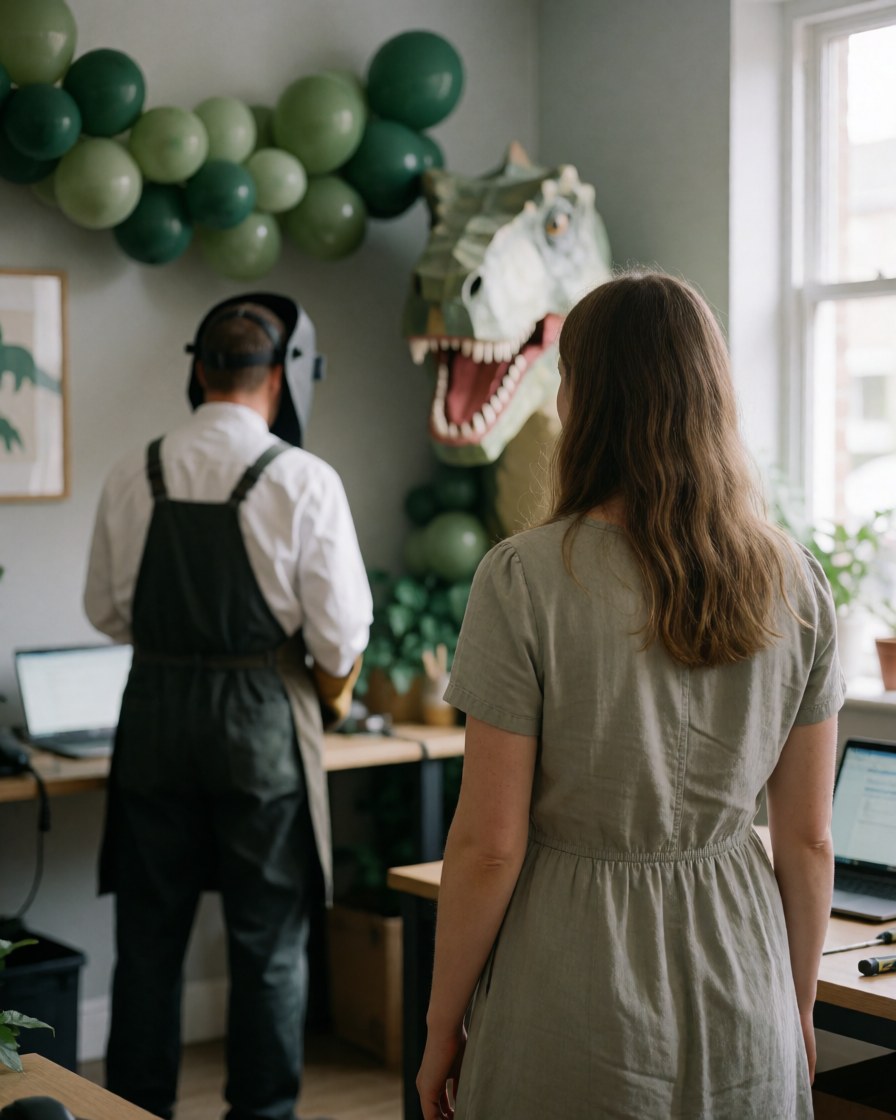 A woman looks at a dinosaur-themed balloon display while a man works in the background of a modern event space.