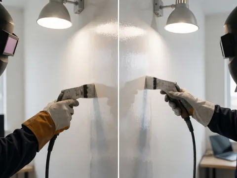 Detailed view of a wall with glossy and rusted finish, polished with a spray gun and practical lighting for finishing services