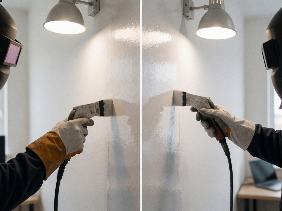 Detailed view of a wall with glossy and rusted finish, polished with a spray gun and practical lighting for finishing services