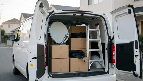White work van equipped with satellite antenna and cables on a residential street