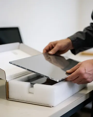 Hands placing an acrylic sign into a protective foam box on a work table during professional packaging.