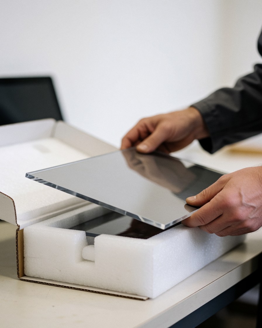 Hands placing an acrylic sign into a protective foam box on a work table during professional packaging.