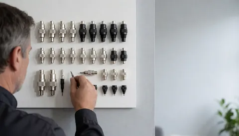 Antenna technician checking F connectors on a white wall with copy space on the right