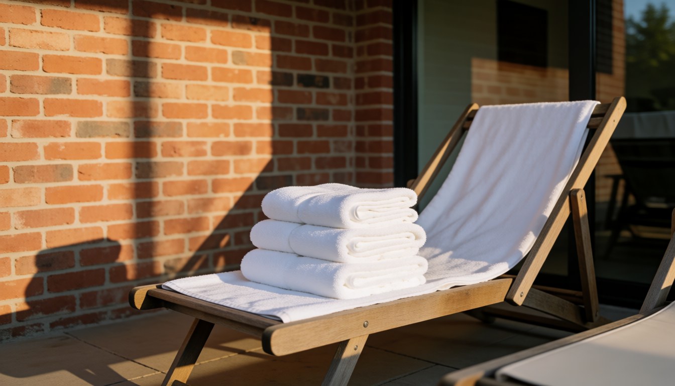 Wooden lounge chairs with white towels on a brick terrace near a pool, perfect for a vacation rental setting