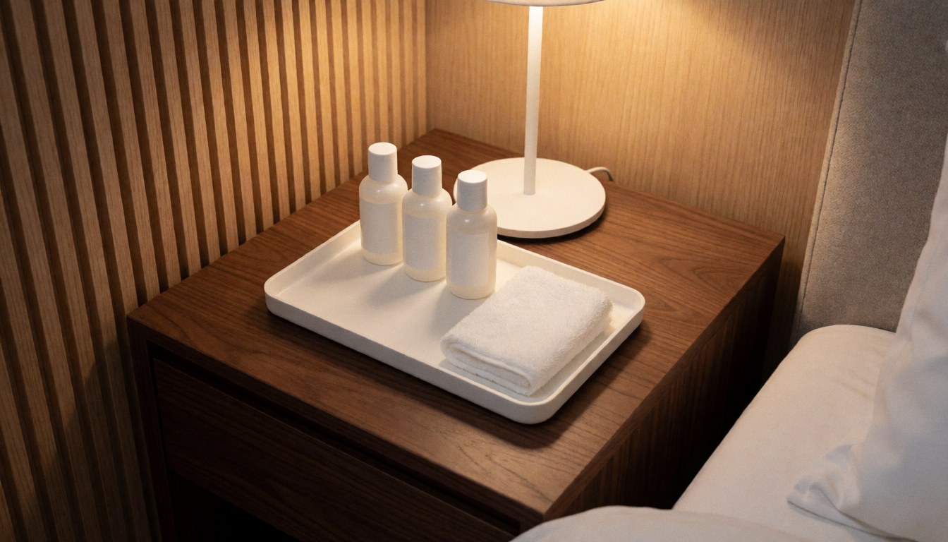 White tray with bath products and towel on wooden nightstand beside bed with white sheets and slatted wall