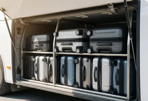 Open tour bus luggage compartment with suitcases arranged on metal shelves under daylight, ideal for travel agencies.