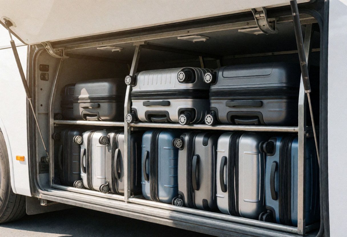 Open tour bus luggage compartment with suitcases arranged on metal shelves under daylight, ideal for travel agencies.