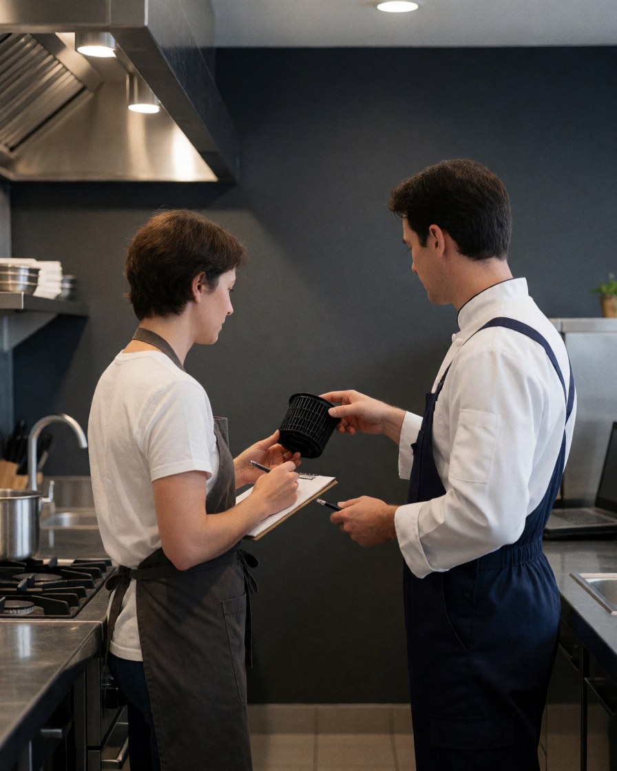 Technician holding a dishwasher filter while explaining it to a customer in a commercial kitchen with gray walls and modern equipment