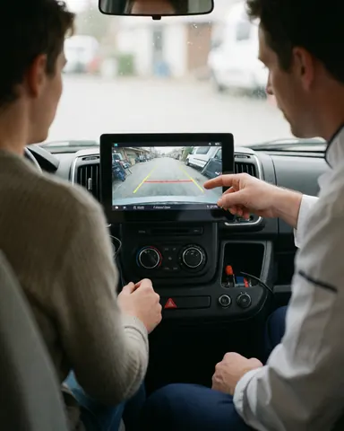 Technician explains how the backup camera works to a client inside a camper, pointing at the rear-view monitor screen.