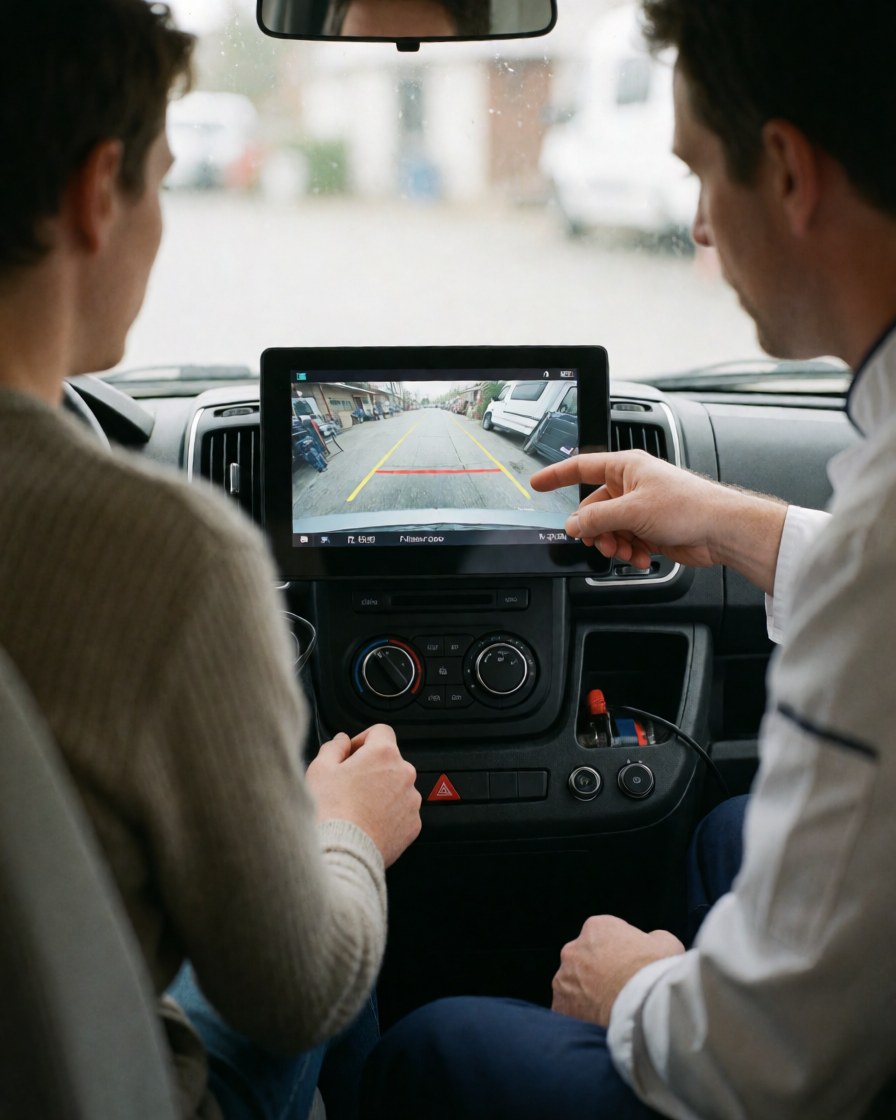Technician explains how the backup camera works to a client inside a camper, pointing at the rear-view monitor screen.