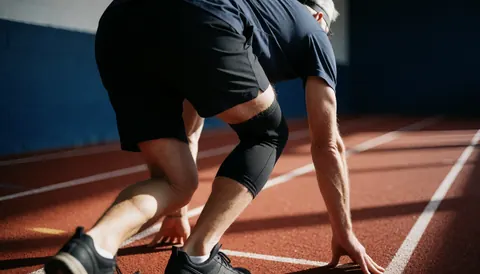 Athlete in starting position on red synthetic track with blue walls and morning light