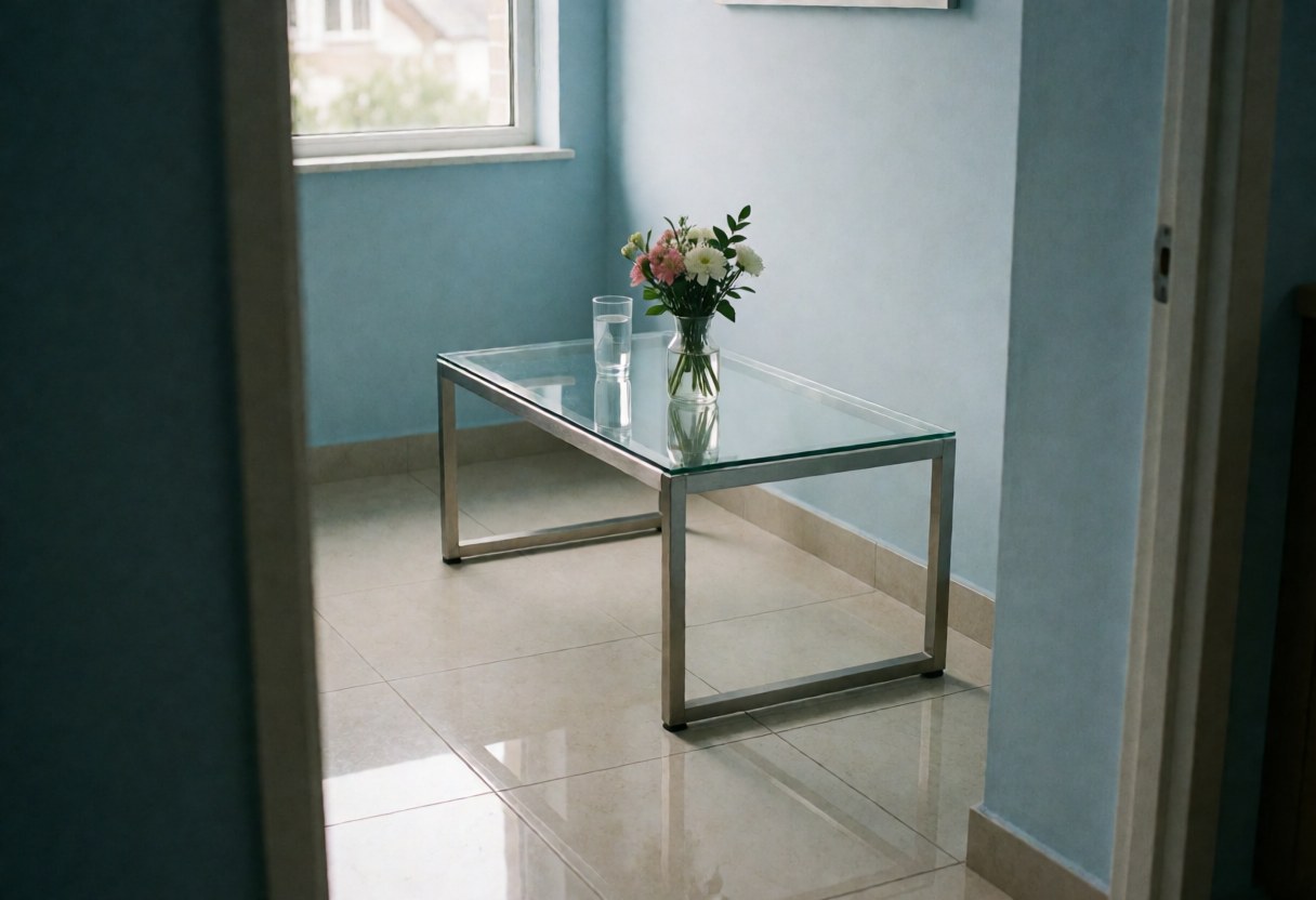 Modern waiting room with a glass table, fresh flowers, and blue walls, ideal for an auto repair shop interior.