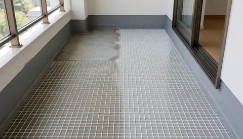 Close-up of white reinforcement mesh on a gray waterproof coating over original concrete, showing the transition layer for balcony waterproofing services.