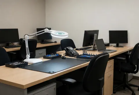 Clean console repair workbench featuring a magnifying glass, various tools, and monitors in a professional workshop setting.