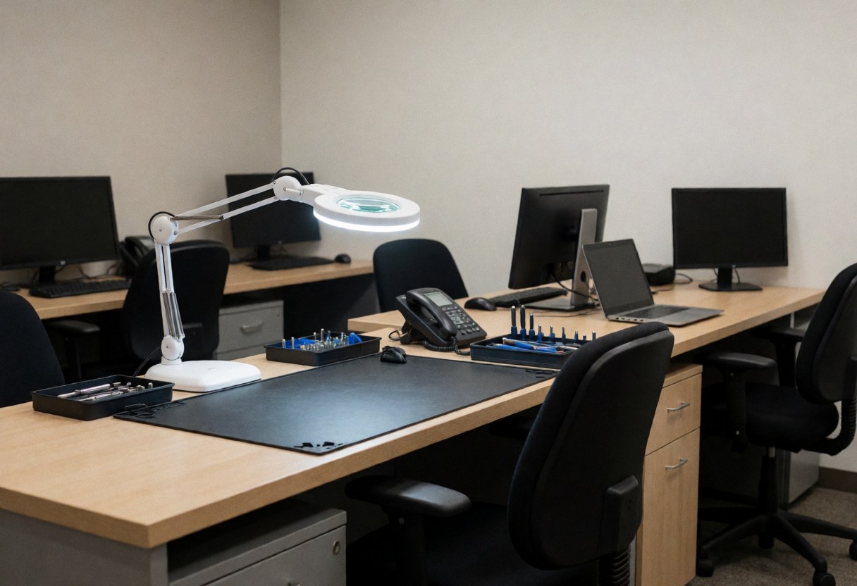 Clean console repair workbench featuring a magnifying glass, various tools, and monitors in a professional workshop setting.
