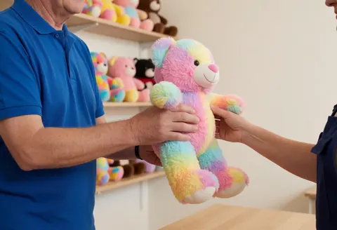 Staff member hands a rainbow plush bear to a client in an arcade with prize shelves in the background.