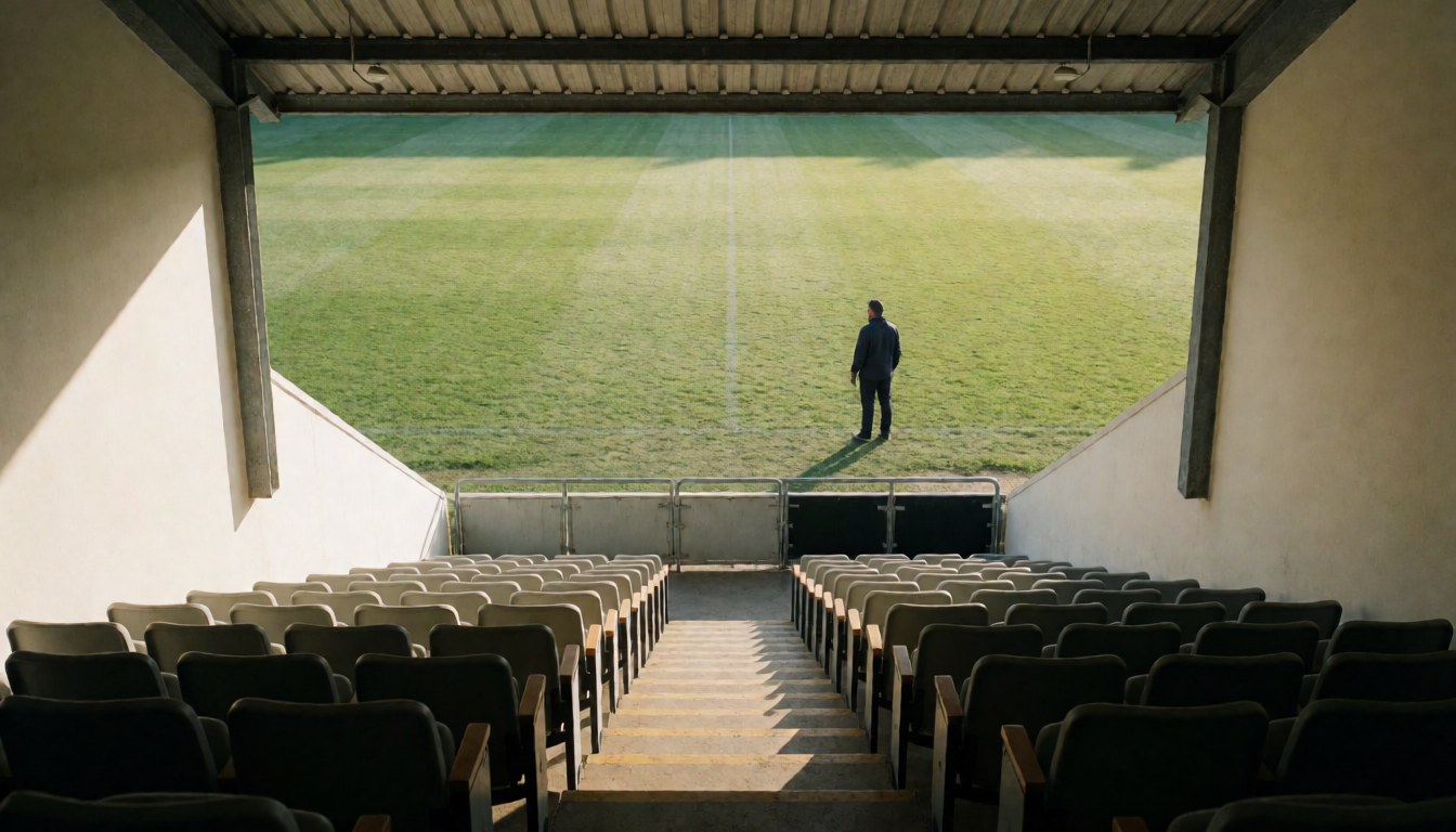 Soccer coach standing alone on a pitch, viewed from empty stands in morning light, ideal for a website hero section