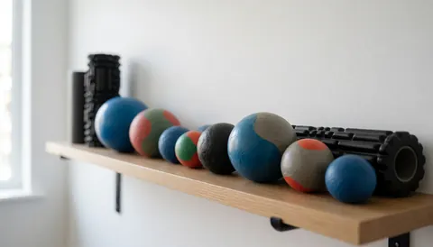 Light wooden shelf holding massage balls and foam rollers, softly lit by natural light, suitable for a therapy center.