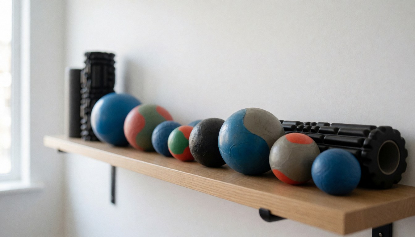 Light wooden shelf holding massage balls and foam rollers, softly lit by natural light, suitable for a therapy center.