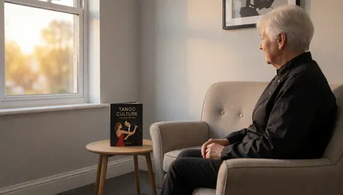 Profile view of a person sitting in a chair reading a book about tango culture in a room with warm window light
