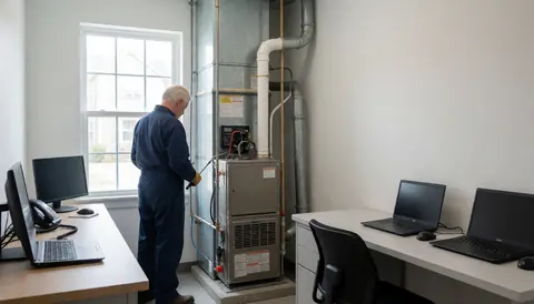 Technician inspecting a heating boiler in a clean room with windows and desks with computers.