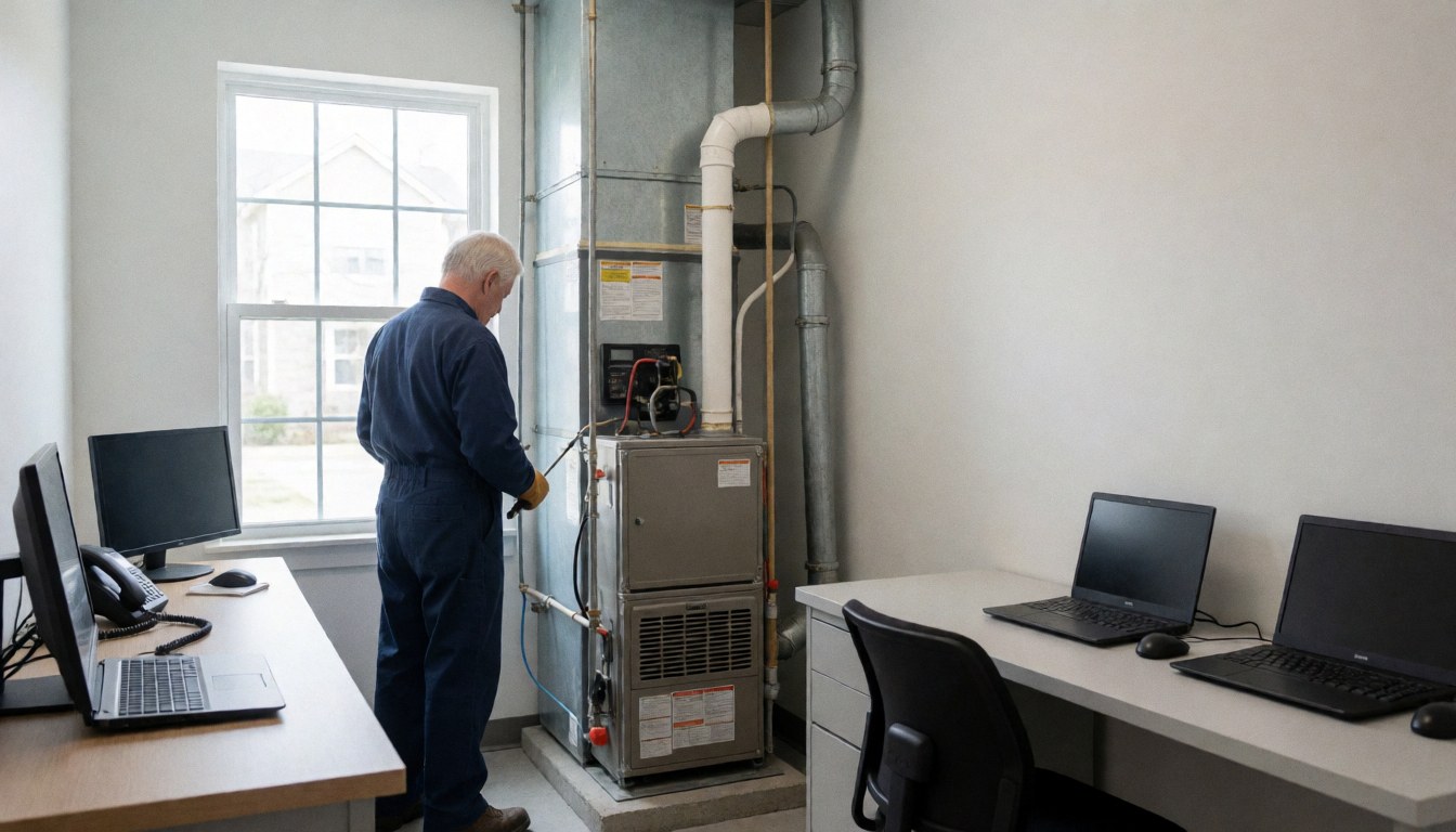 Technician inspecting a heating boiler in a clean room with windows and desks with computers.