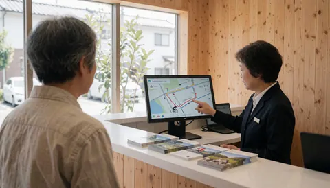 Cycling instructor at the reception desk showing a route on a screen with brochures and light wood walls