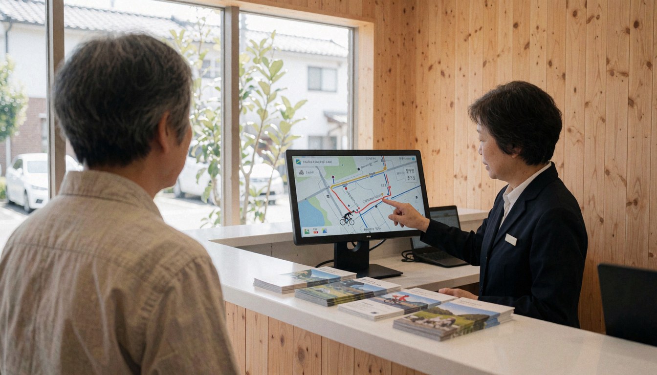 Cycling instructor at the reception desk showing a route on a screen with brochures and light wood walls