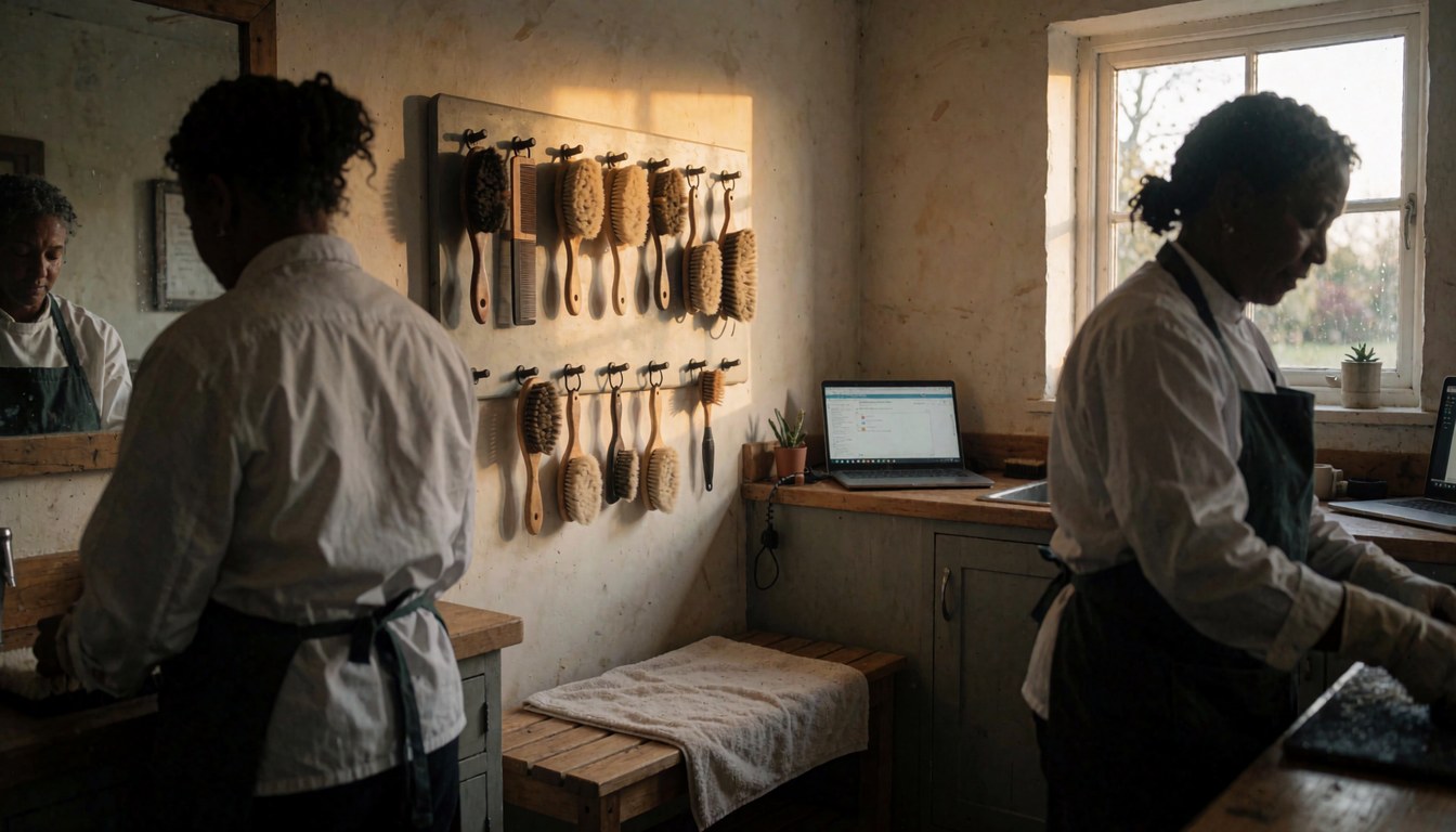 Horse grooming brushes hanging on a stable wall with natural light, showing professional horse care tools and equipment.