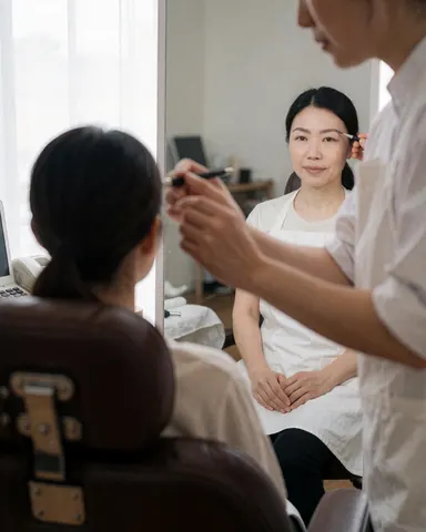 A technician carefully applies lamination solution to a client's eyebrow during a salon service
