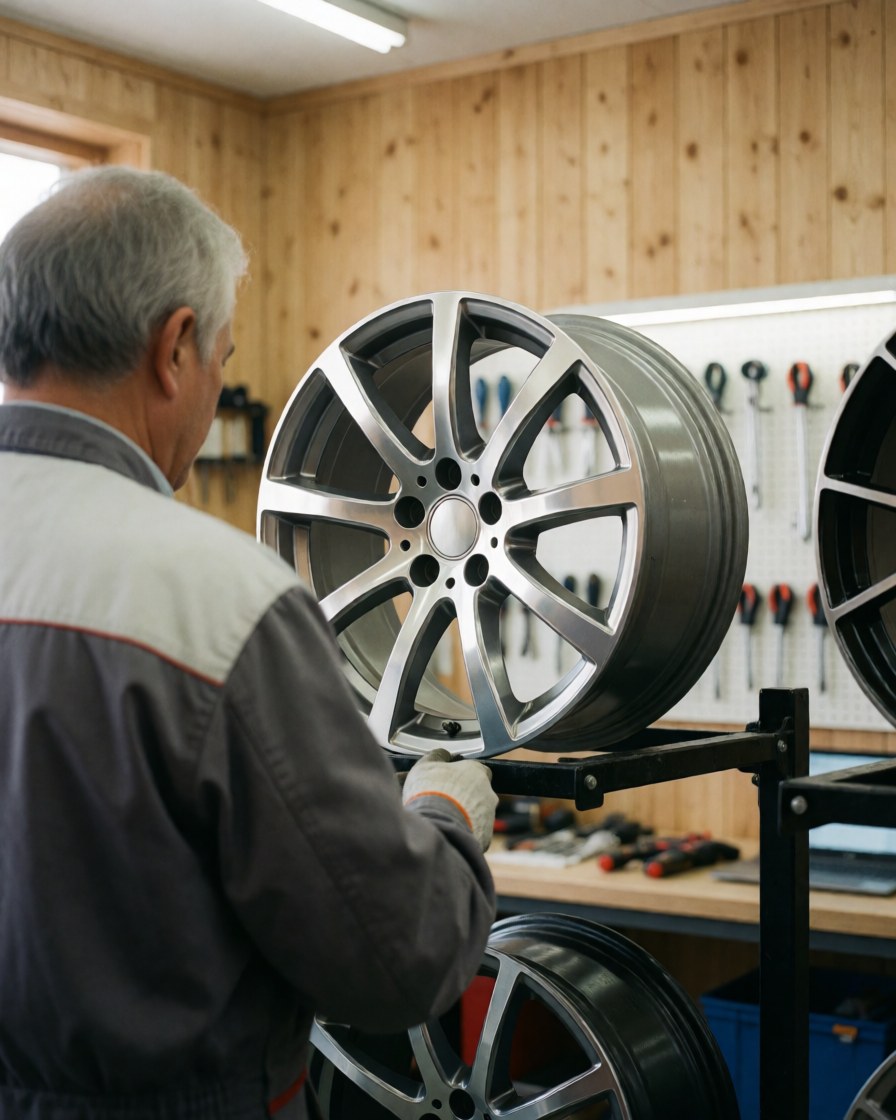 Technician inspecting alloy wheel in repair shop with tools on wall and wooden panel