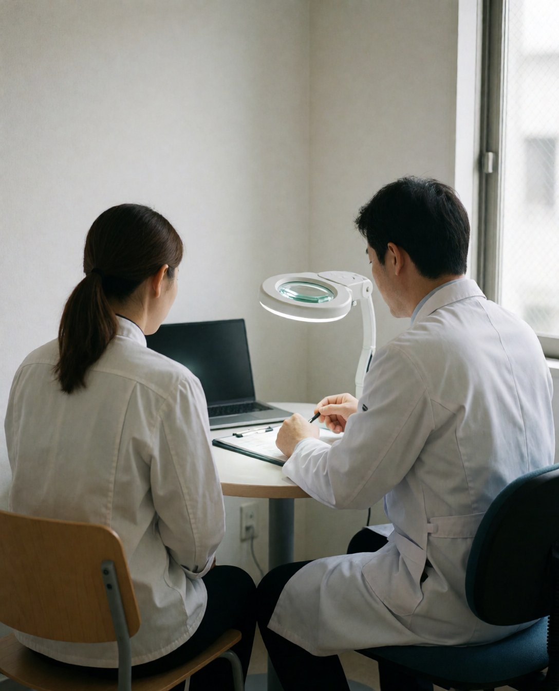 Dermatologist in white coat using a magnifying glass to examine a seated client's skin in a clean clinical setting with natural light