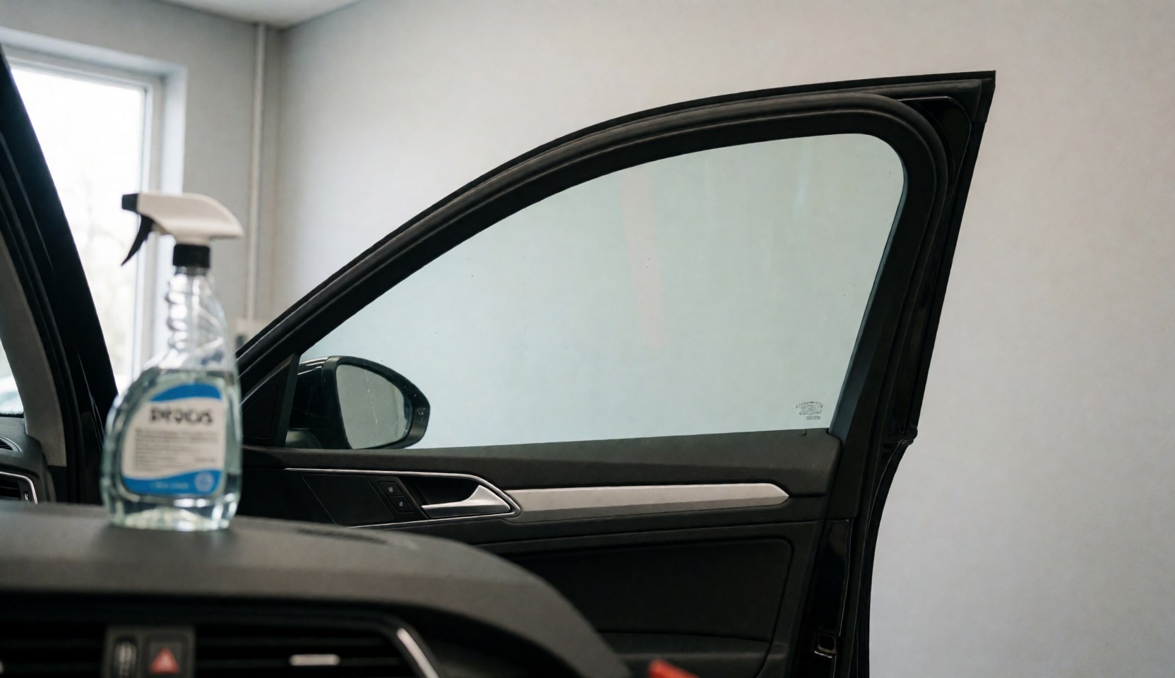 Impeccably clean car windshield with a spray bottle on the dashboard, ideal for a car wash website hero section.