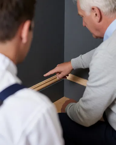 Satisfied homeowner points to newly installed wooden baseboards on gray walls, with a worker holding tools in the foreground.