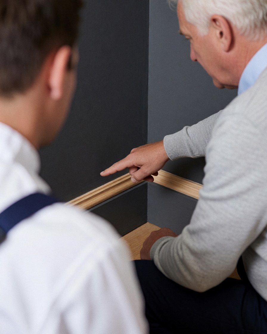 Satisfied homeowner points to newly installed wooden baseboards on gray walls, with a worker holding tools in the foreground.