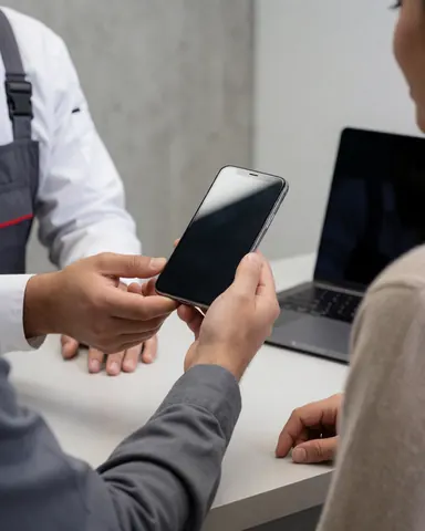 A technician delivers a smartphone with a new screen protector to a customer in a repair shop, showing the clean and bright display.