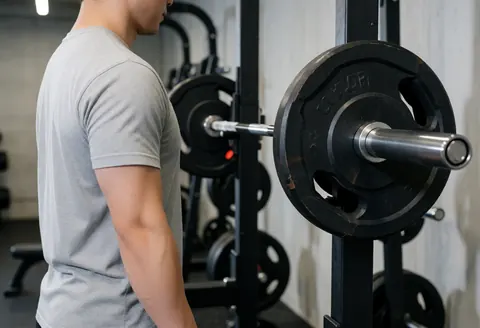 A man standing in a gym holding a barbell near a rack with concrete walls and rubber flooring