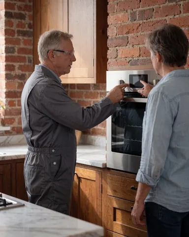 Technician in coveralls checks oven control panel in kitchen with brick wall and natural light while client points.