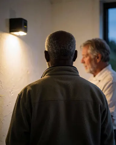 Back view of a customer looking at a solar light installed on a white wall during a sunset camping scene