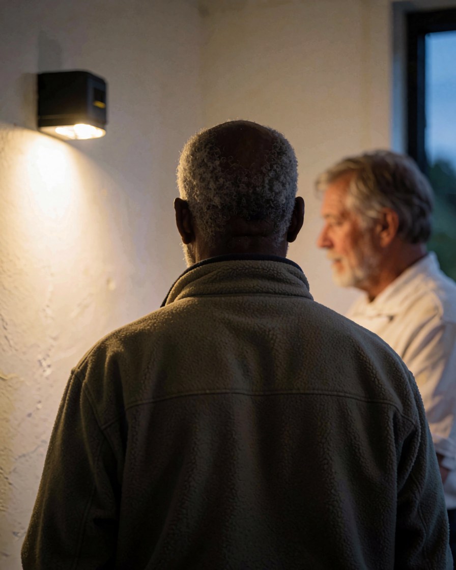 Back view of a customer looking at a solar light installed on a white wall during a sunset camping scene