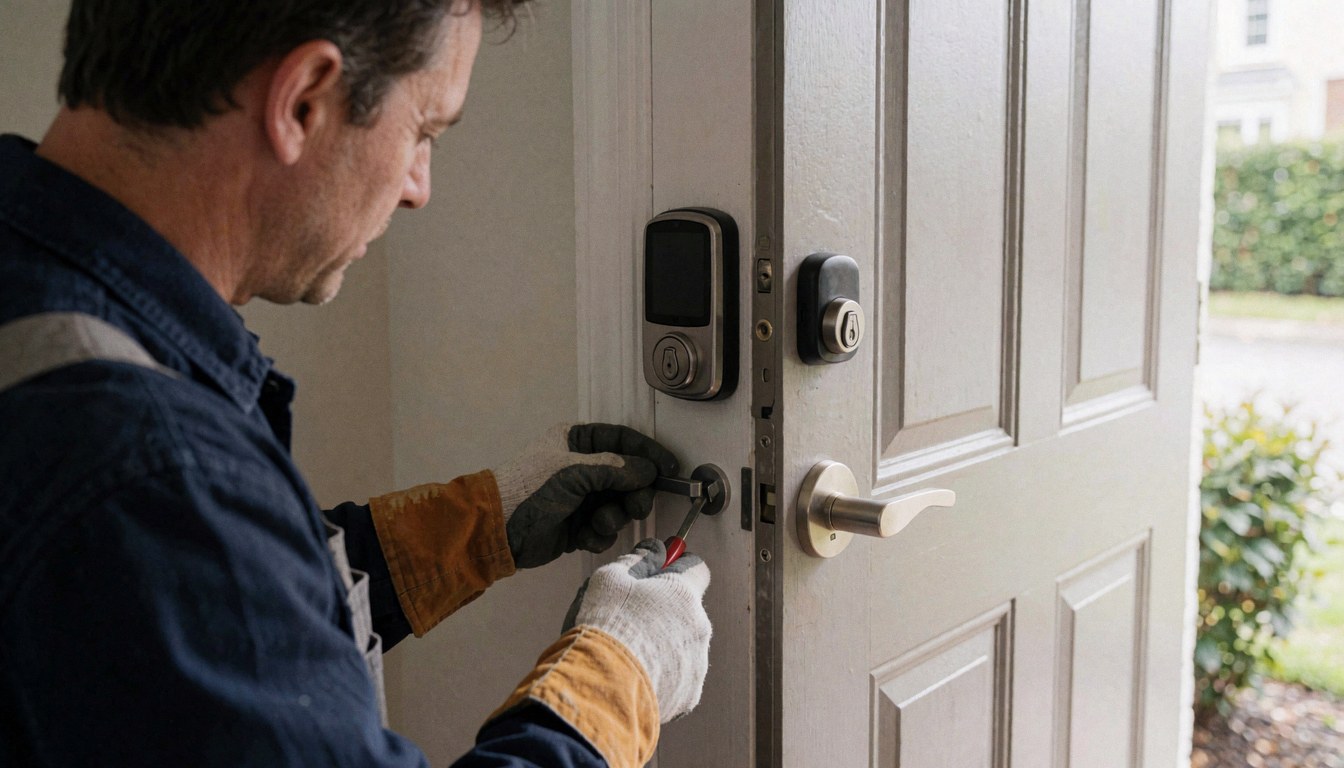 Worker installing an electronic lock on a white door with clean wall and natural light for door installation services